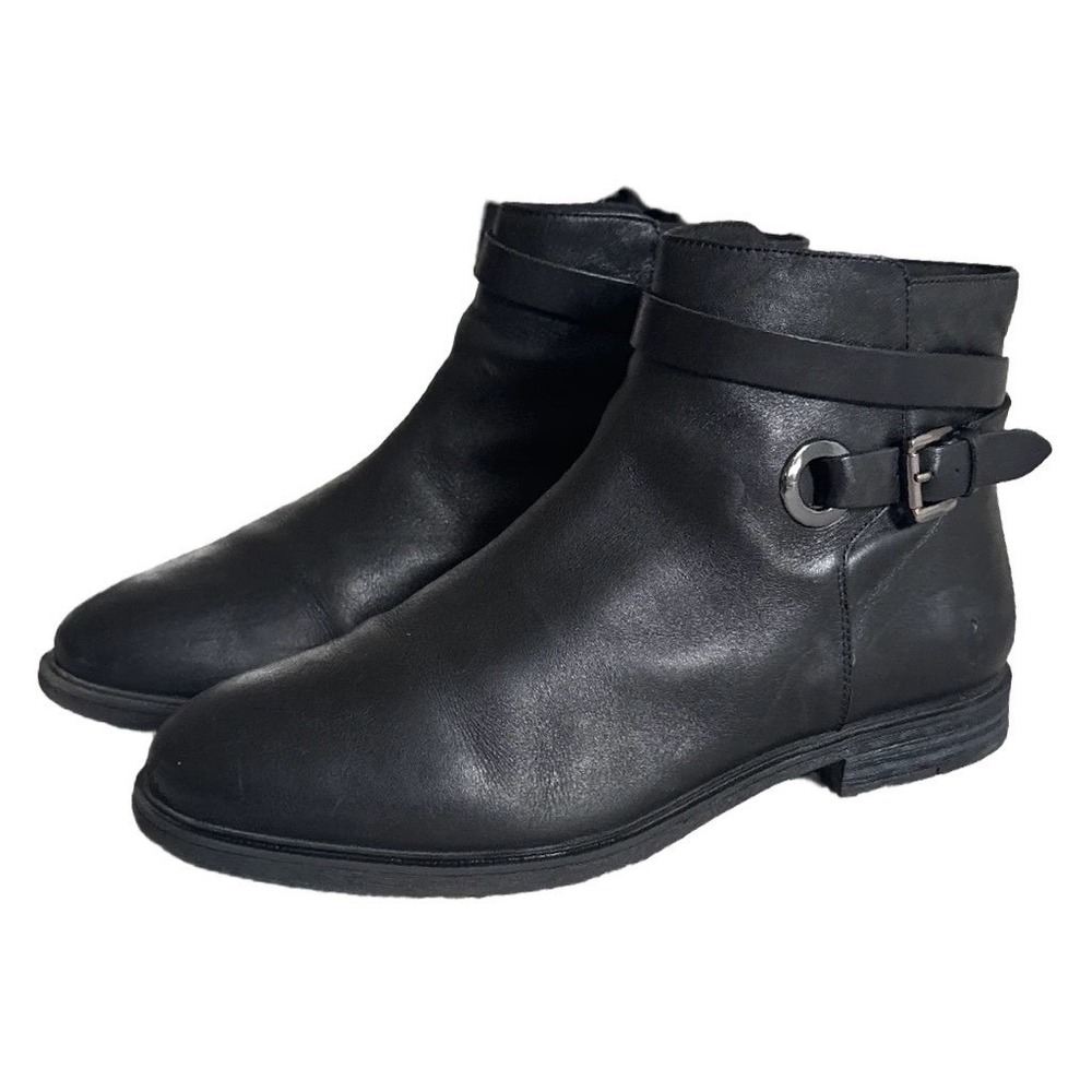 Hush Puppies Mazin Cayto 9 Black Leather Ankle Boots Buckle Moto Bootie Comfort